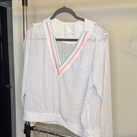 Lucky in Love White Mesh Top with Pink and Green Stripes - Picture 3 of 4